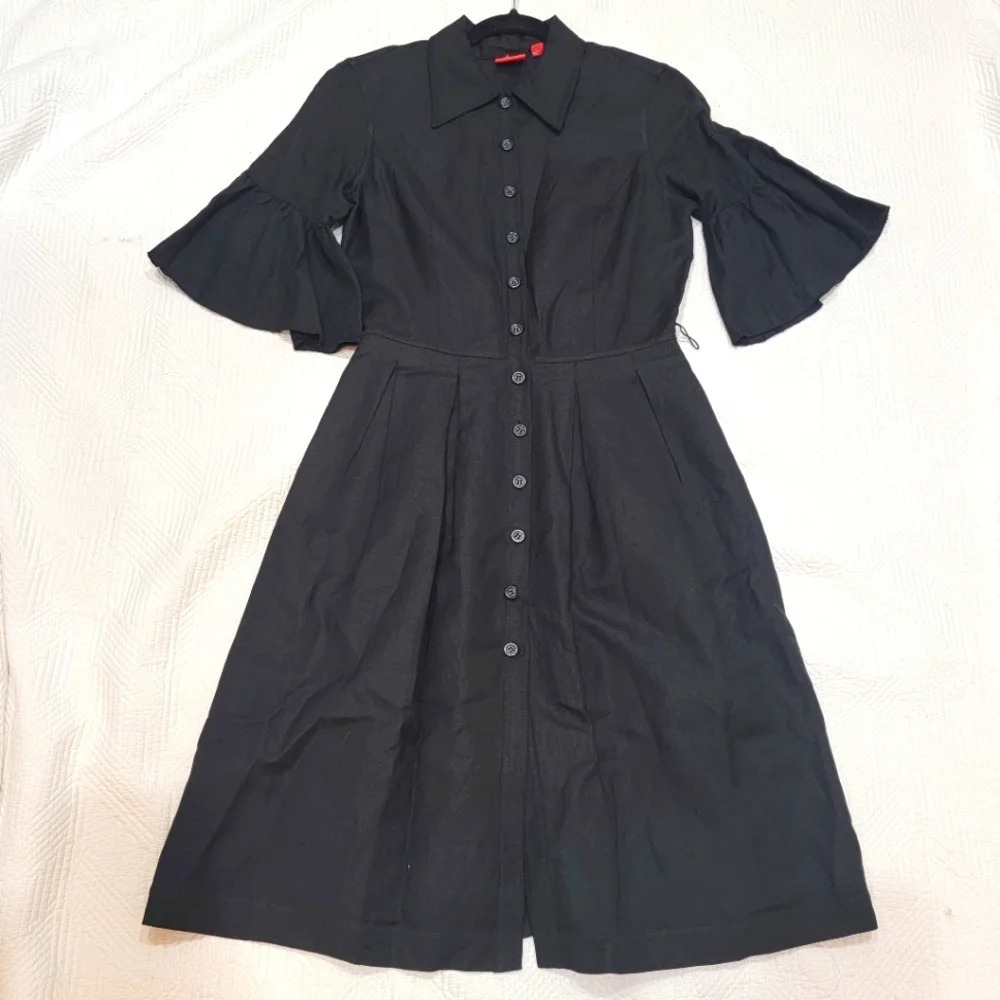 Oscar De La Renta Linen Blend Black Dress Button Front Flare 3/4 Sleeve Size 4